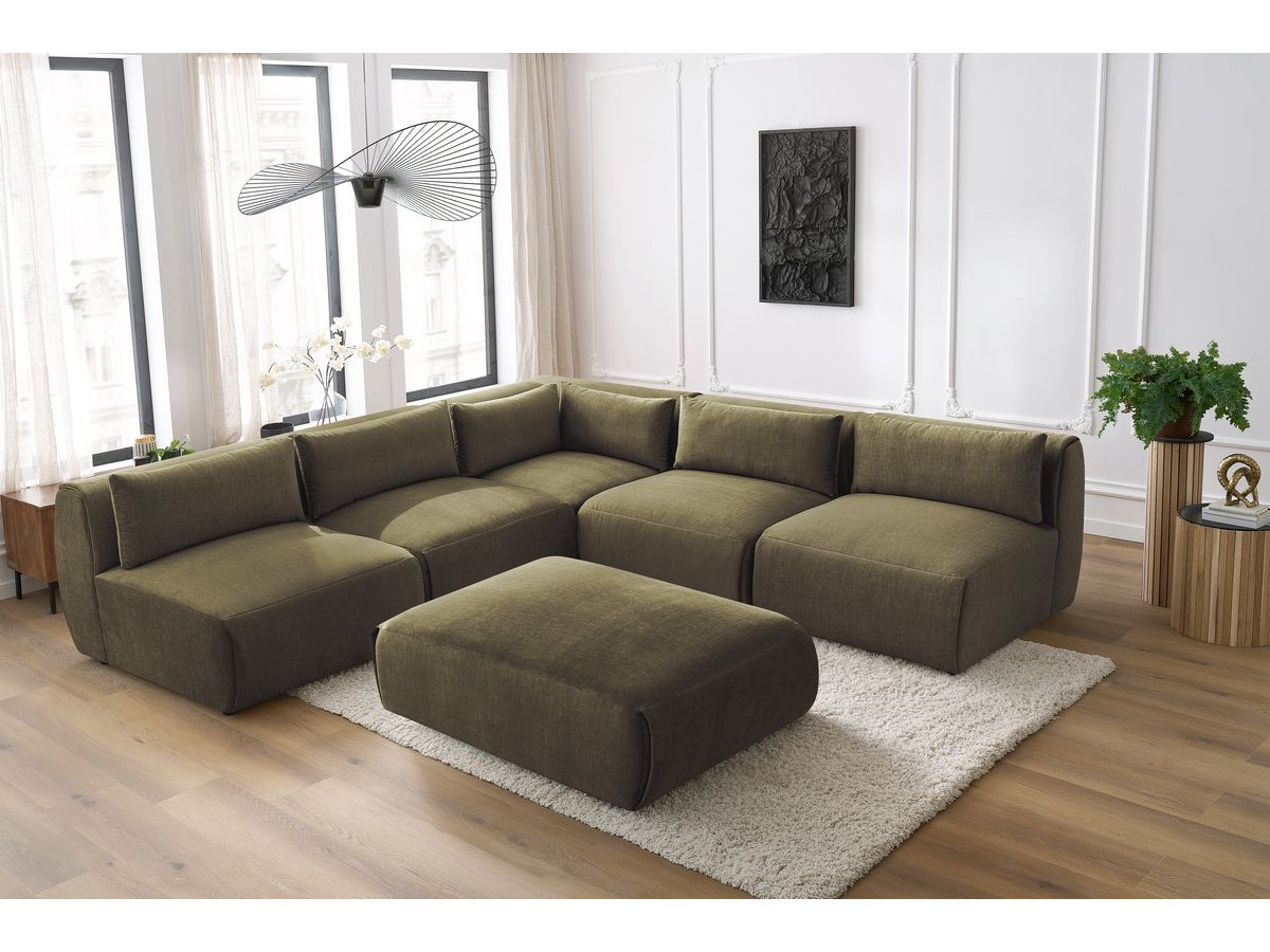 JEANNE modulaire vaste hoekbank in fluwelen stof met 4 fauteuils, 1 hoek en 1 poef