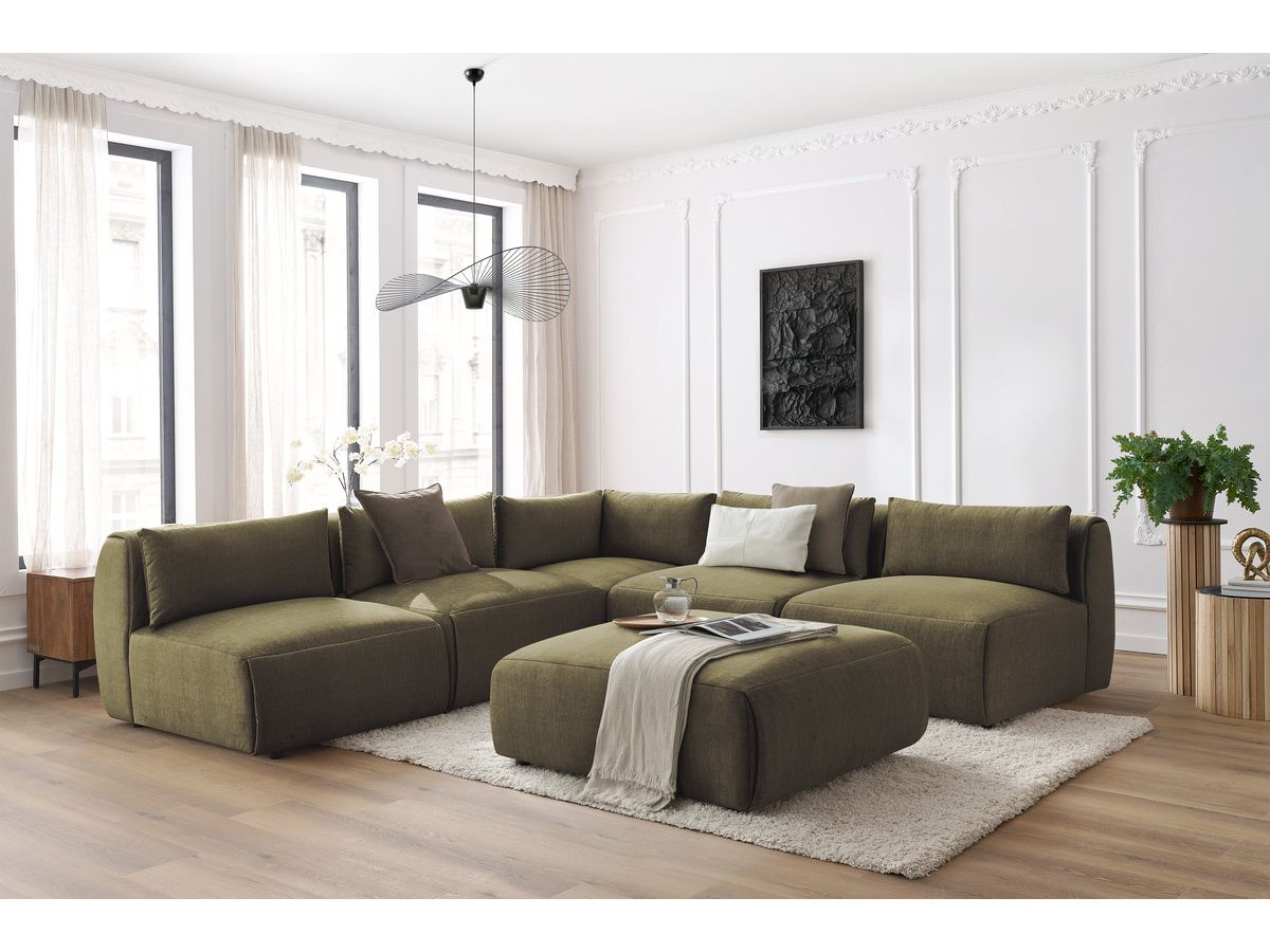 JEANNE modulaire vaste hoekbank in fluwelen stof met 4 fauteuils, 1 hoek en 1 poef