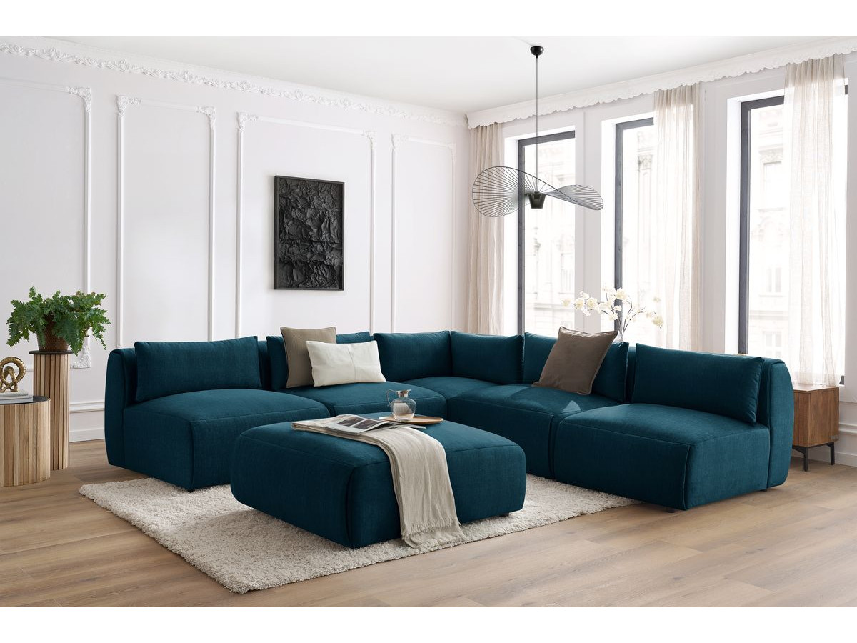 JEANNE modulaire vaste hoekbank in fluwelen stof met 4 fauteuils, 1 hoek en 1 poef