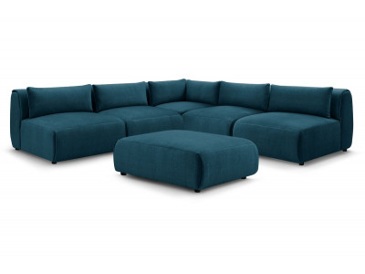 Canapé d'angle fixe modulable JEANNE tissu velours avec 4 chauffeuses, 1 angle et 1 pouf