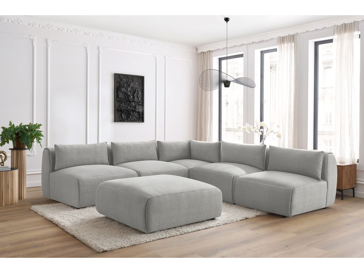 Canapé d'angle fixe modulable JEANNE tissu velours avec 4 chauffeuses, 1 angle et 1 pouf