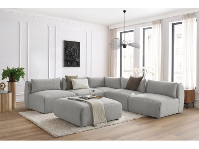 Canapé d'angle fixe modulable JEANNE tissu velours avec 4 chauffeuses, 1 angle et 1 pouf