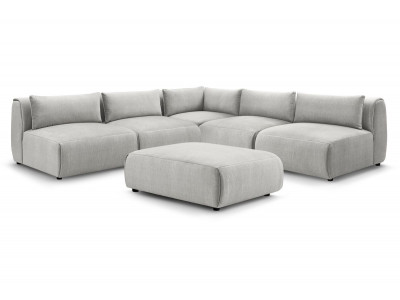 Canapé d'angle fixe modulable JEANNE tissu velours avec 4 chauffeuses, 1 angle et 1 pouf
