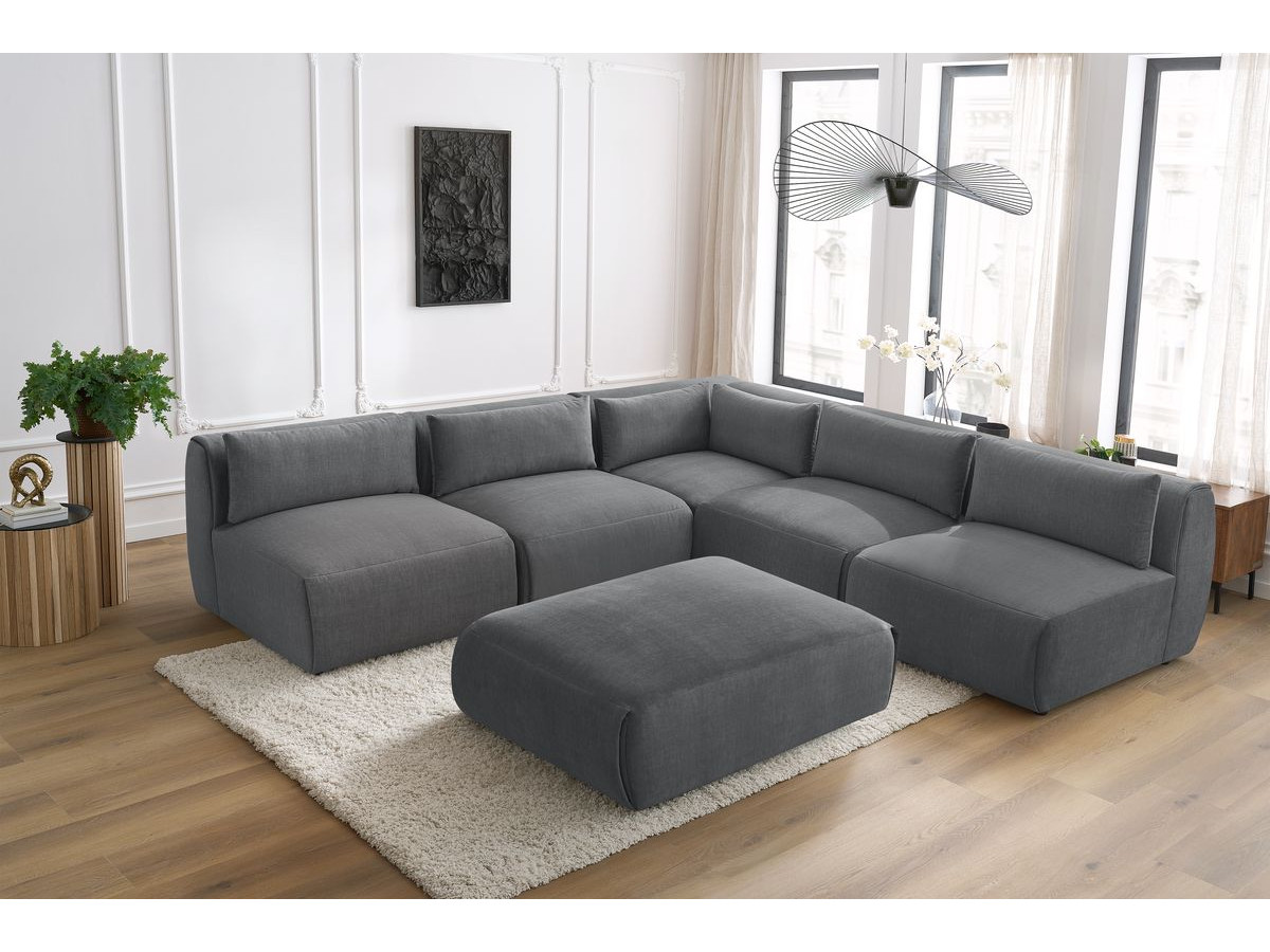 JEANNE modulaire vaste hoekbank in fluwelen stof met 4 fauteuils, 1 hoek en 1 poef