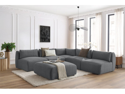 Canapé d'angle fixe modulable JEANNE tissu velours avec 4 chauffeuses, 1 angle et 1 pouf