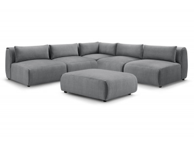 Canapé d'angle fixe modulable JEANNE tissu velours avec 4 chauffeuses, 1 angle et 1 pouf