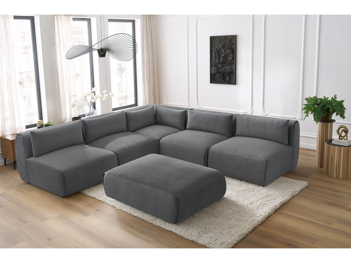 JEANNE modulaire vaste hoekbank in fluwelen stof met 4 fauteuils, 1 hoek en 1 poef