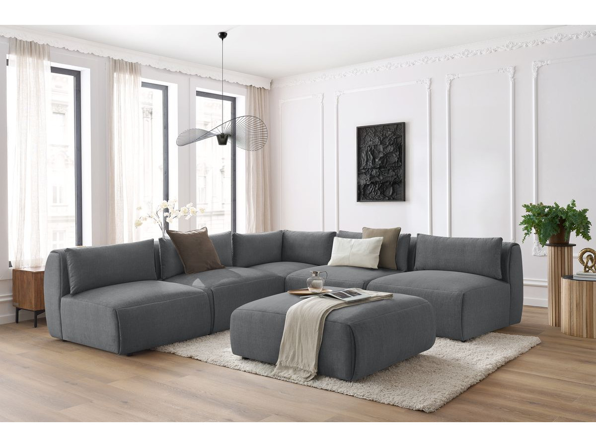 JEANNE modulaire vaste hoekbank in fluwelen stof met 4 fauteuils, 1 hoek en 1 poef