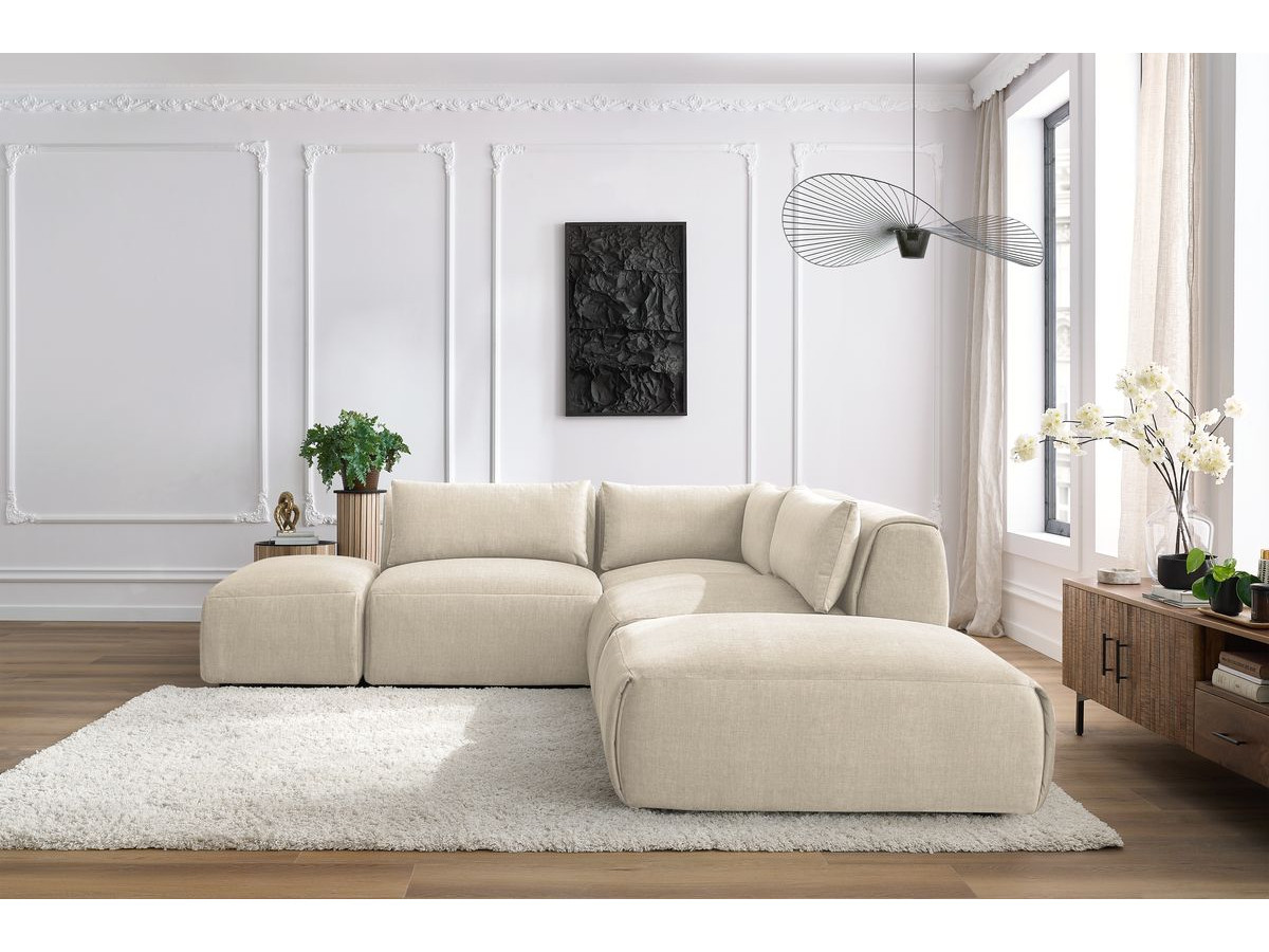 Canapé d'angle fixe modulable JEANNE tissu velours avec 2 chauffeuses, 1 angle et 2 poufs