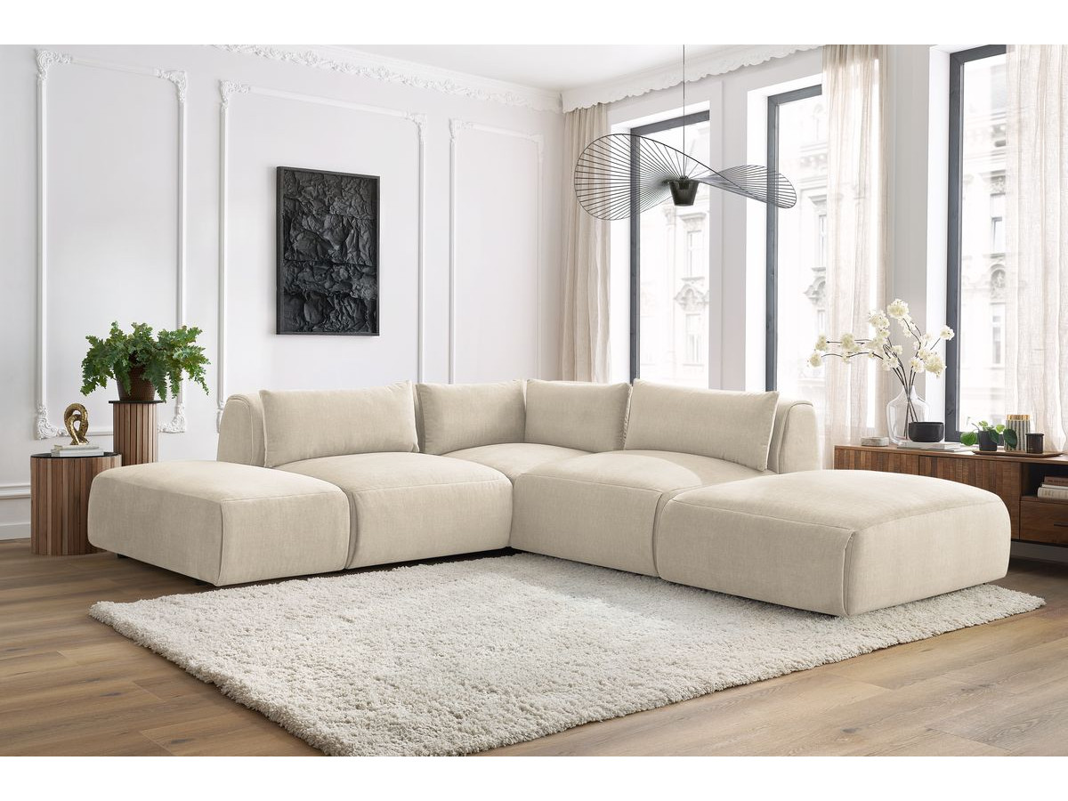 JEANNE modulaire vaste hoekbank in fluwelen stof met 2 fauteuils, 1 hoekbank en 2 poefs