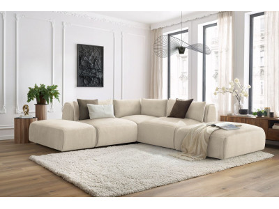 Canapé d'angle fixe modulable JEANNE tissu velours avec 2 chauffeuses, 1 angle et 2 poufs