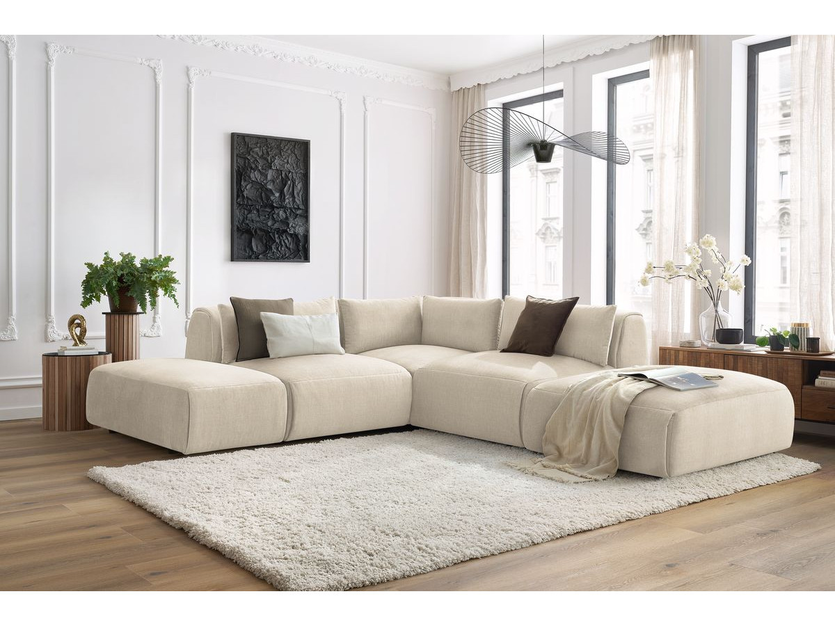 Canapé d'angle fixe modulable JEANNE tissu velours avec 2 chauffeuses, 1 angle et 2 poufs