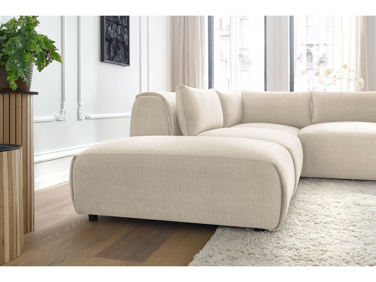 Canapé d'angle fixe modulable JEANNE tissu velours avec 2 chauffeuses, 1 angle et 2 poufs