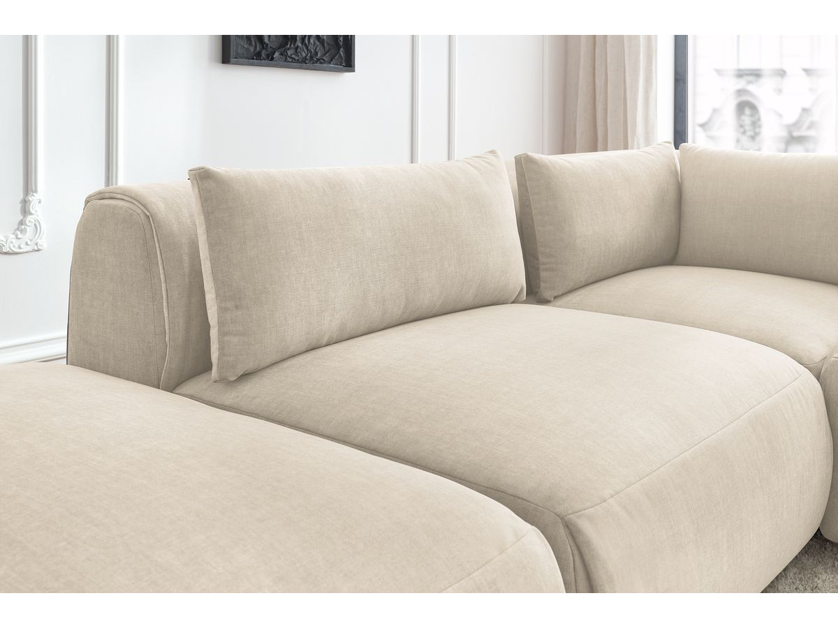 Canapé d'angle fixe modulable JEANNE tissu velours avec 2 chauffeuses, 1 angle et 2 poufs