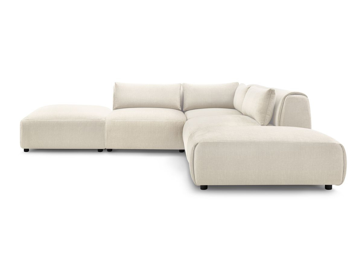 Canapé d'angle fixe modulable JEANNE tissu velours avec 2 chauffeuses, 1 angle et 2 poufs