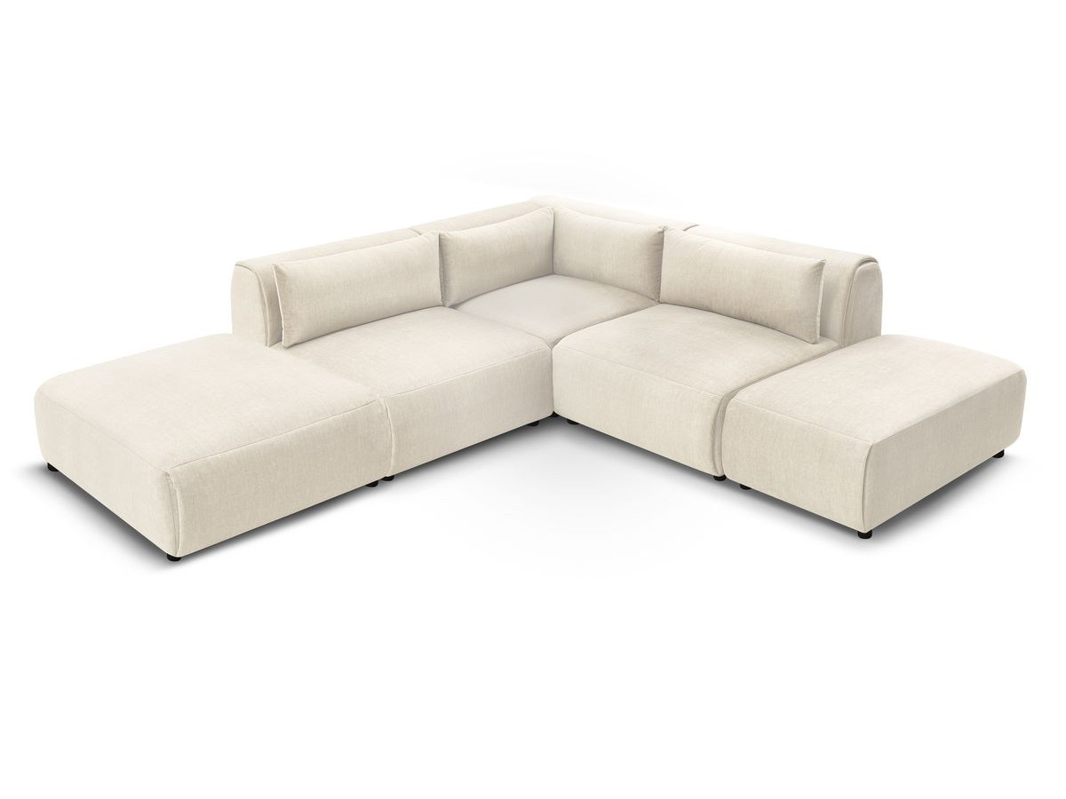 Canapé d'angle fixe modulable JEANNE tissu velours avec 2 chauffeuses, 1 angle et 2 poufs