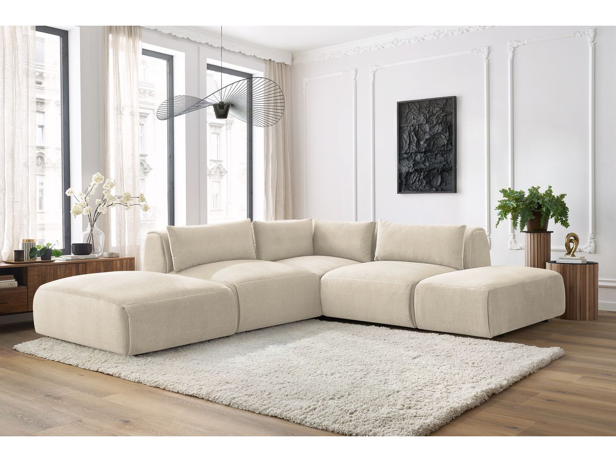 Canapé d'angle fixe modulable JEANNE tissu velours avec 2 chauffeuses, 1 angle et 2 poufs