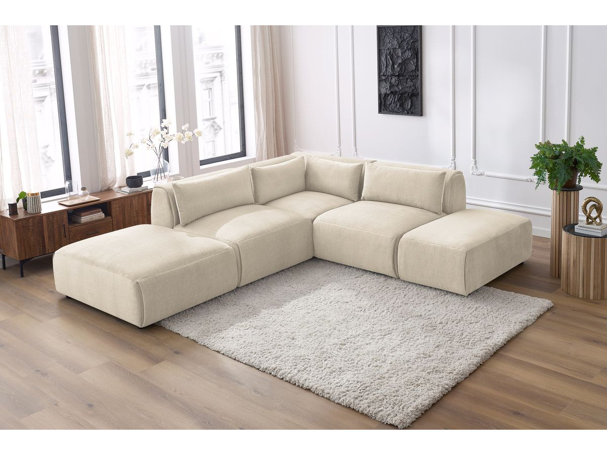 Canapé d'angle fixe modulable JEANNE tissu velours avec 2 chauffeuses, 1 angle et 2 poufs
