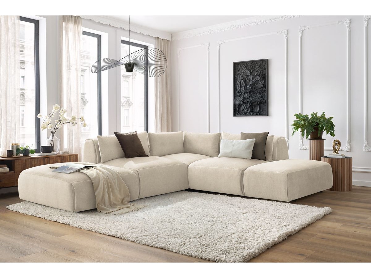 Canapé d'angle fixe modulable JEANNE tissu velours avec 2 chauffeuses, 1 angle et 2 poufs