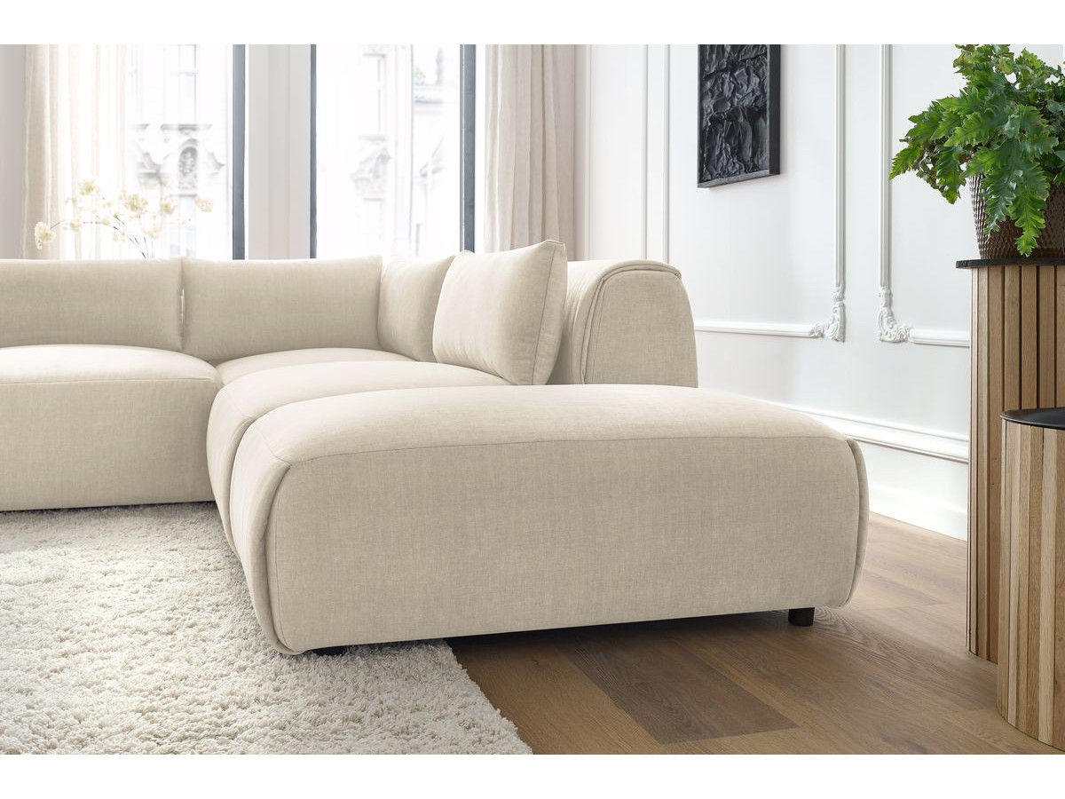 Canapé d'angle fixe modulable JEANNE tissu velours avec 2 chauffeuses, 1 angle et 2 poufs