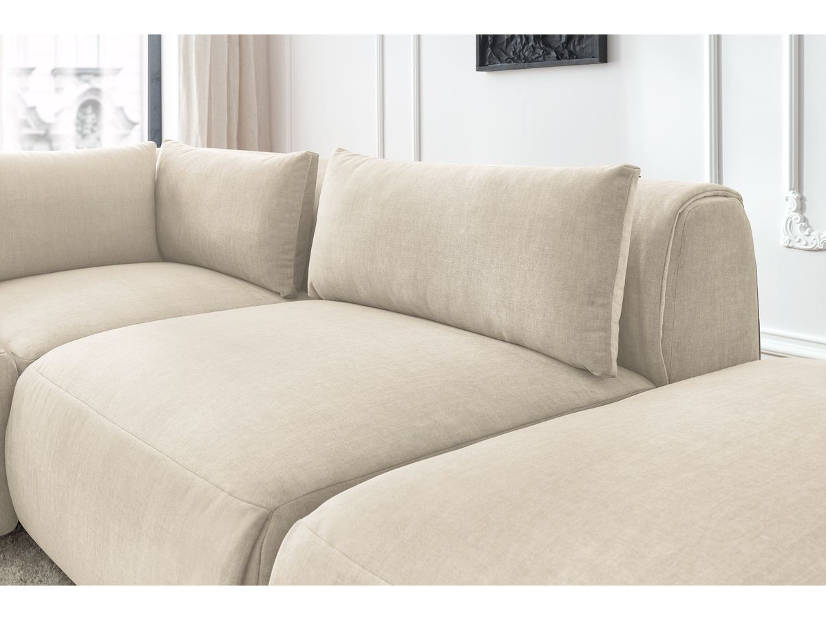 Canapé d'angle fixe modulable JEANNE tissu velours avec 2 chauffeuses, 1 angle et 2 poufs