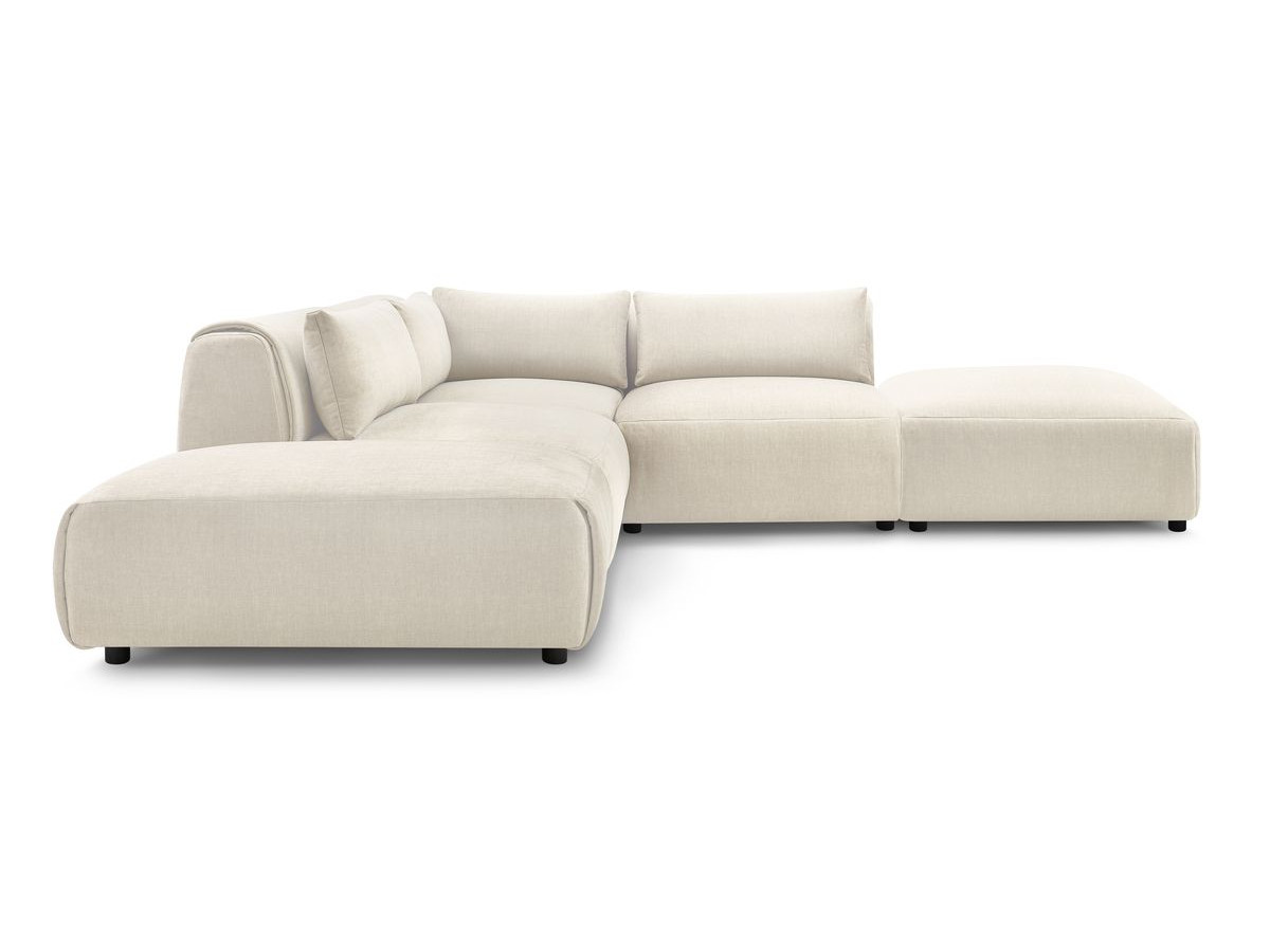 Canapé d'angle fixe modulable JEANNE tissu velours avec 2 chauffeuses, 1 angle et 2 poufs