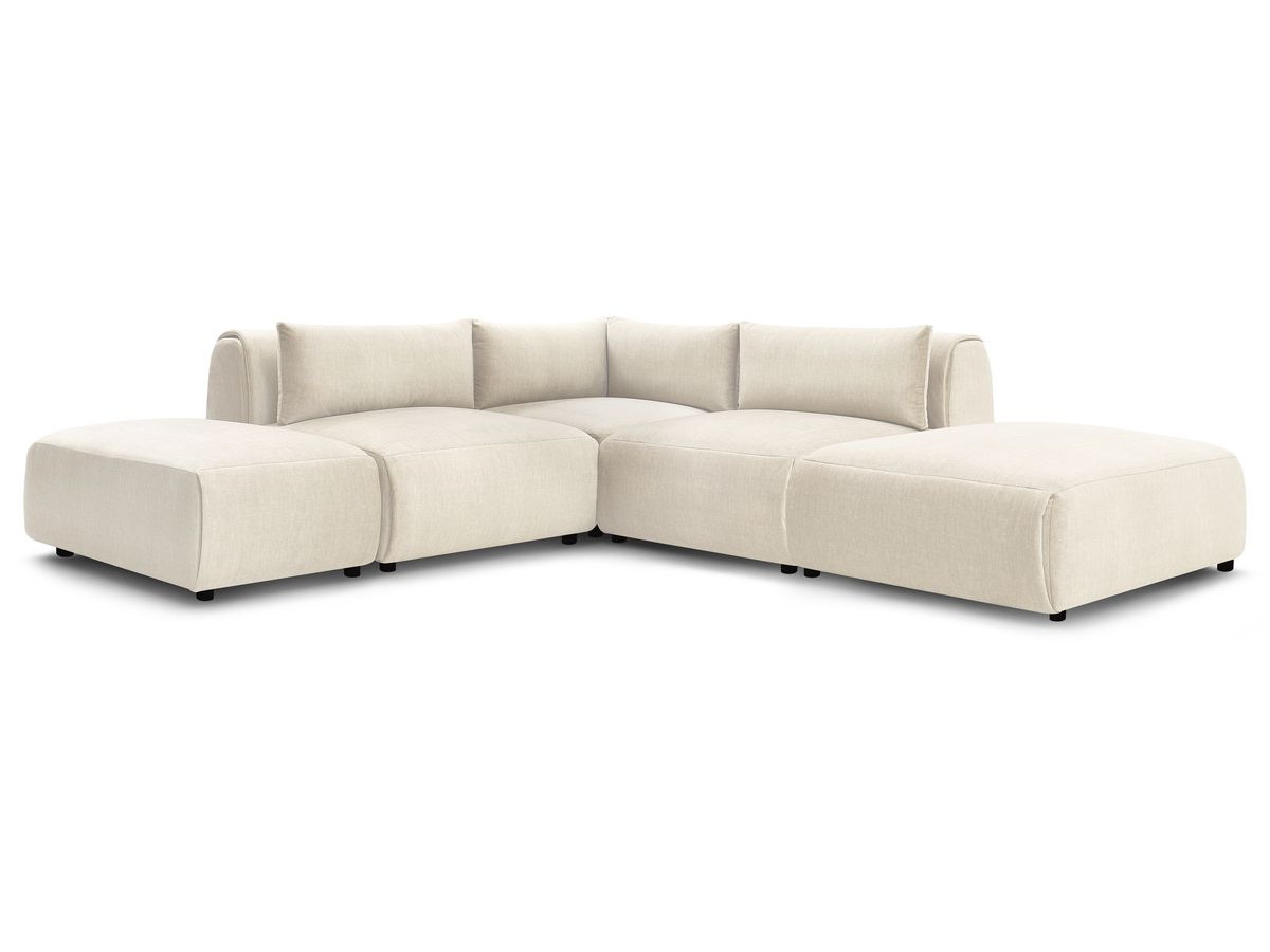 Canapé d'angle fixe modulable JEANNE tissu velours avec 2 chauffeuses, 1 angle et 2 poufs