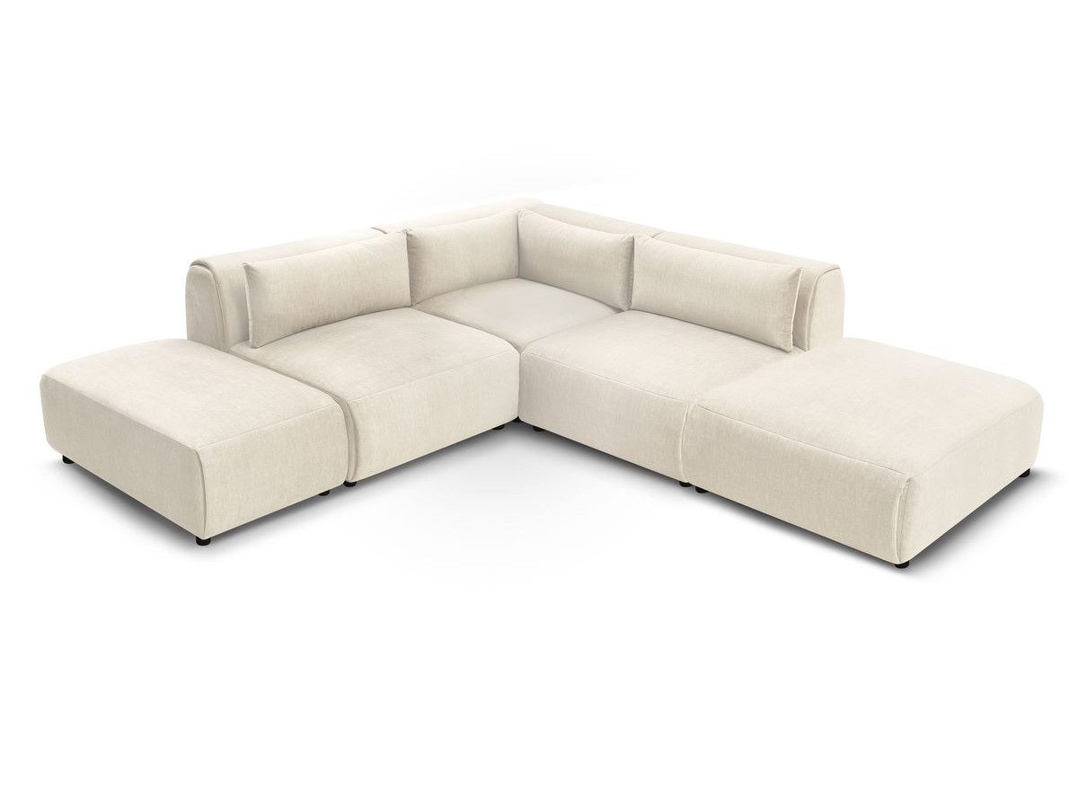 Canapé d'angle fixe modulable JEANNE tissu velours avec 2 chauffeuses, 1 angle et 2 poufs