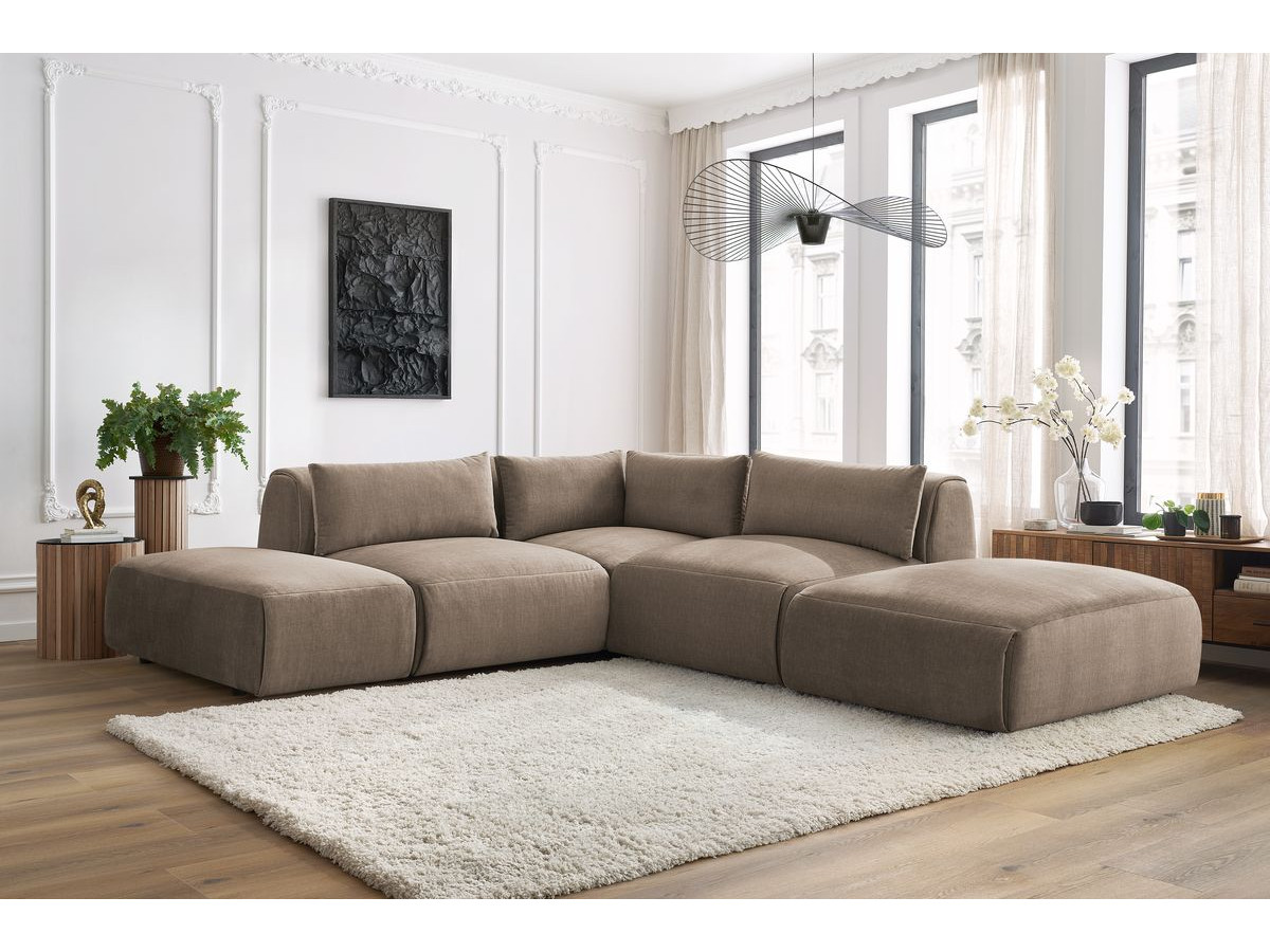 JEANNE modulaire vaste hoekbank in fluwelen stof met 2 fauteuils, 1 hoekbank en 2 poefs