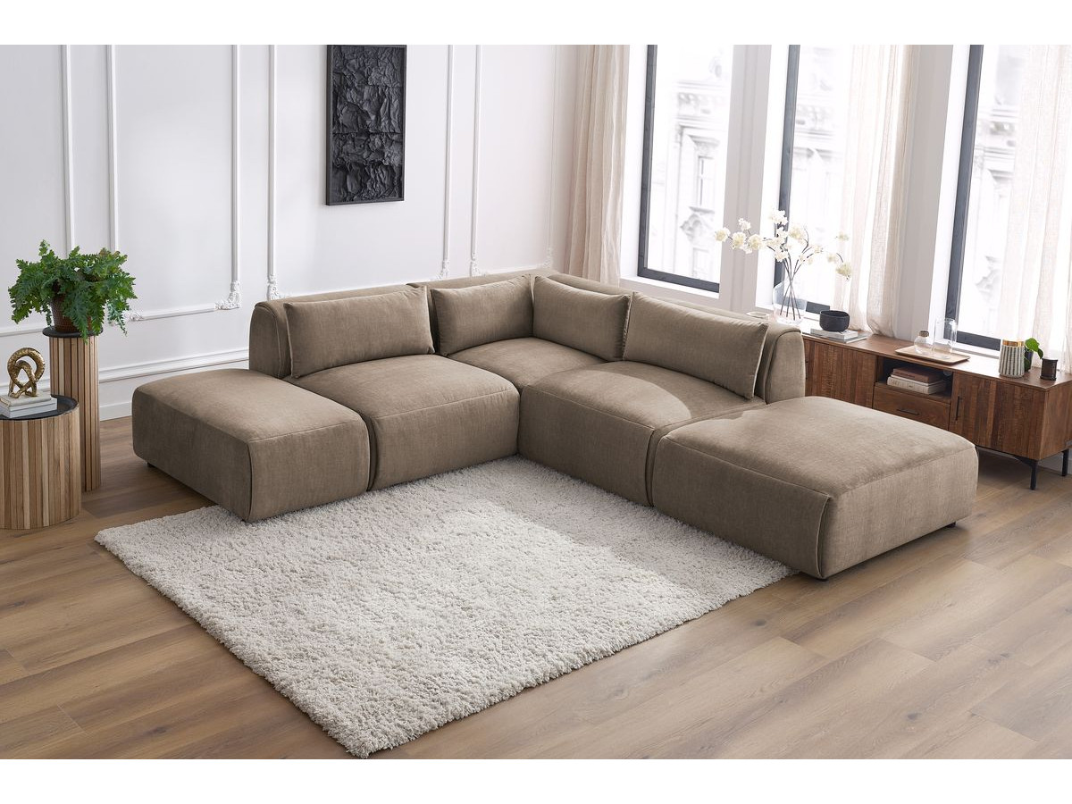 Canapé d'angle fixe modulable JEANNE tissu velours avec 2 chauffeuses, 1 angle et 2 poufs