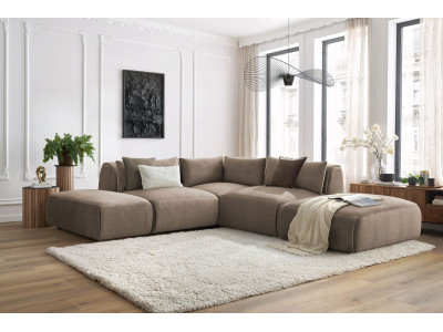 Canapé d'angle fixe modulable JEANNE tissu velours avec 2 chauffeuses, 1 angle et 2 poufs