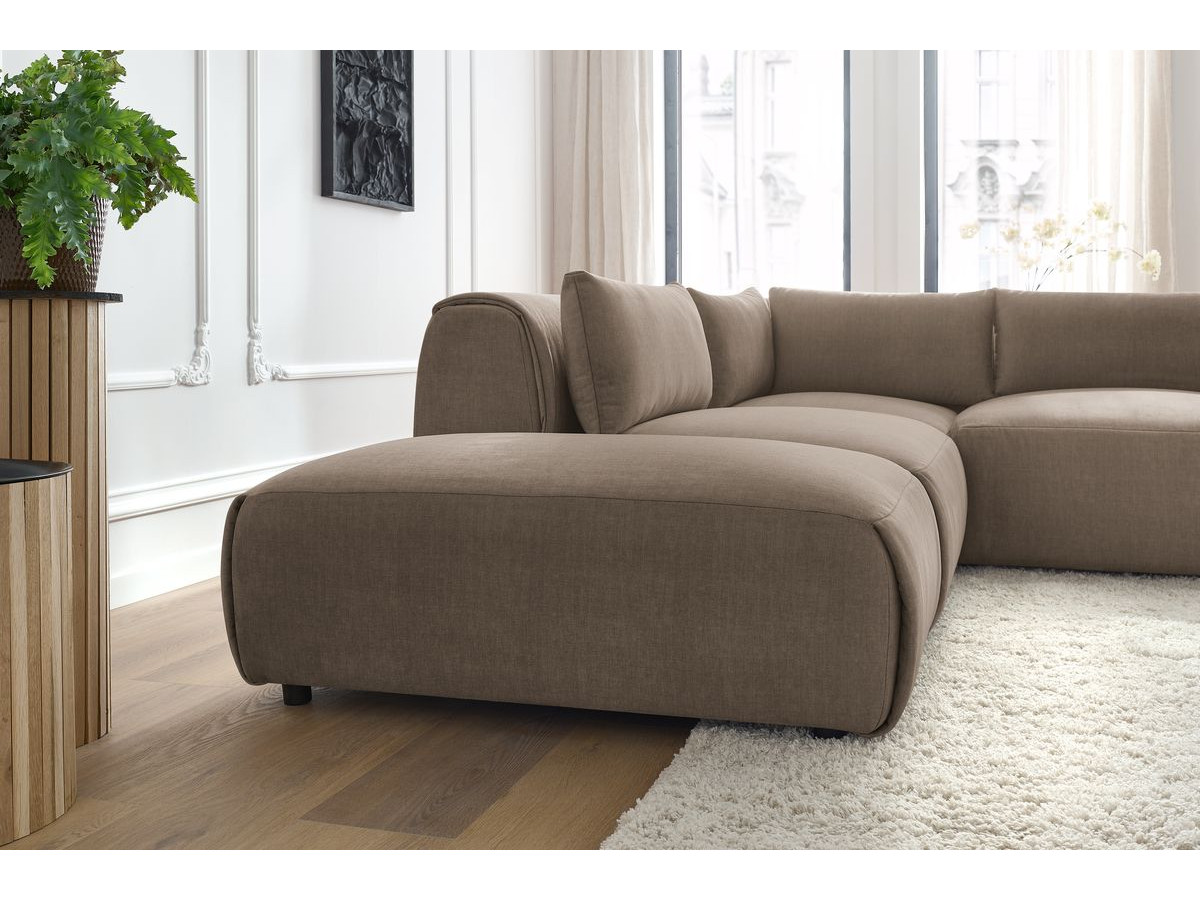 Canapé d'angle fixe modulable JEANNE tissu velours avec 2 chauffeuses, 1 angle et 2 poufs