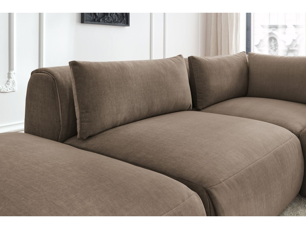 Canapé d'angle fixe modulable JEANNE tissu velours avec 2 chauffeuses, 1 angle et 2 poufs