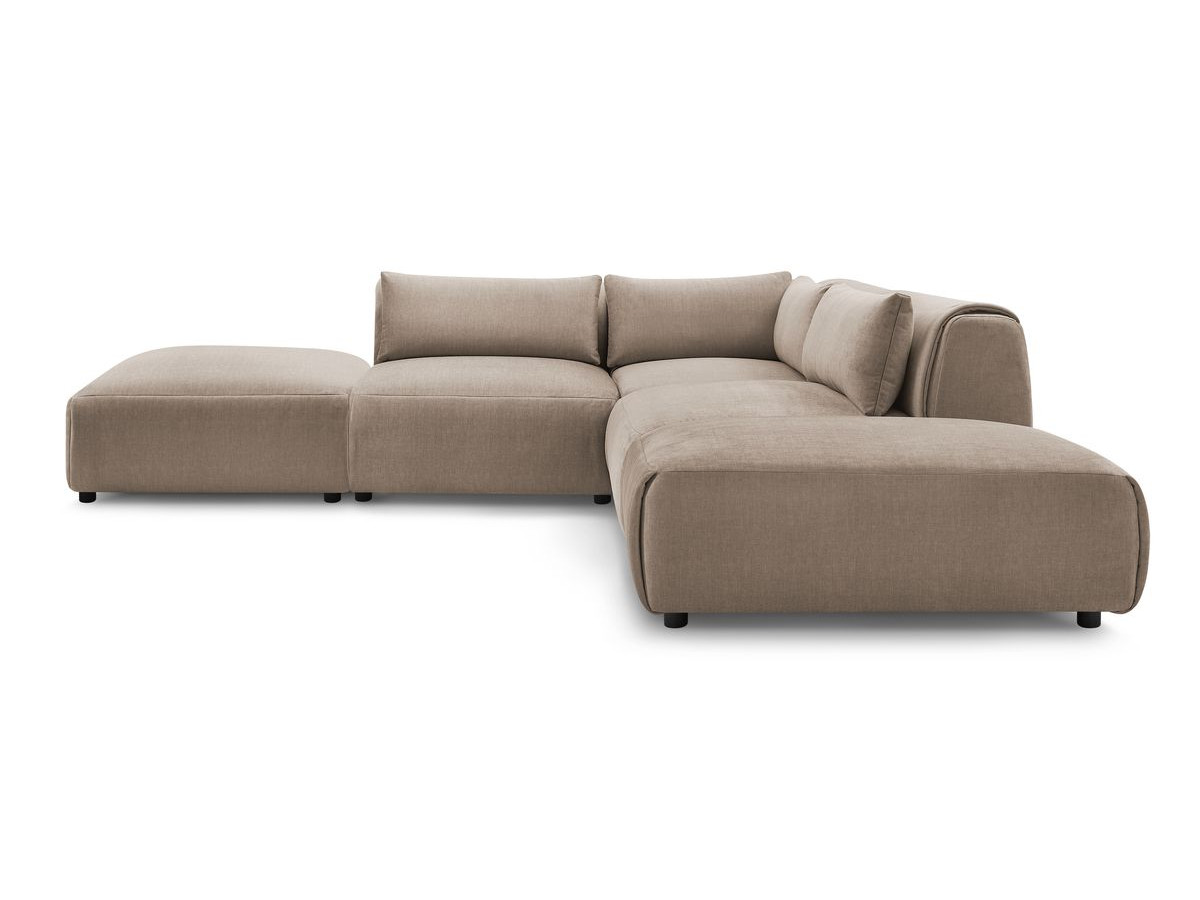 Canapé d'angle fixe modulable JEANNE tissu velours avec 2 chauffeuses, 1 angle et 2 poufs
