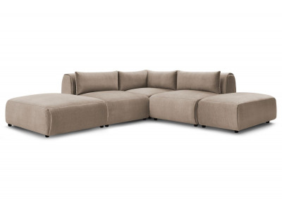 Canapé d'angle fixe modulable JEANNE tissu velours avec 2 chauffeuses, 1 angle et 2 poufs
