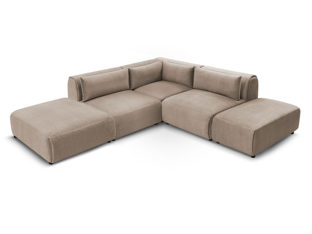 Canapé d'angle fixe modulable JEANNE tissu velours avec 2 chauffeuses, 1 angle et 2 poufs