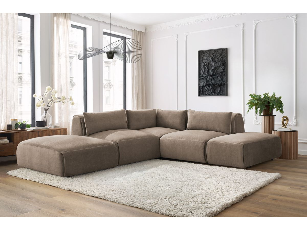 Canapé d'angle fixe modulable JEANNE tissu velours avec 2 chauffeuses, 1 angle et 2 poufs