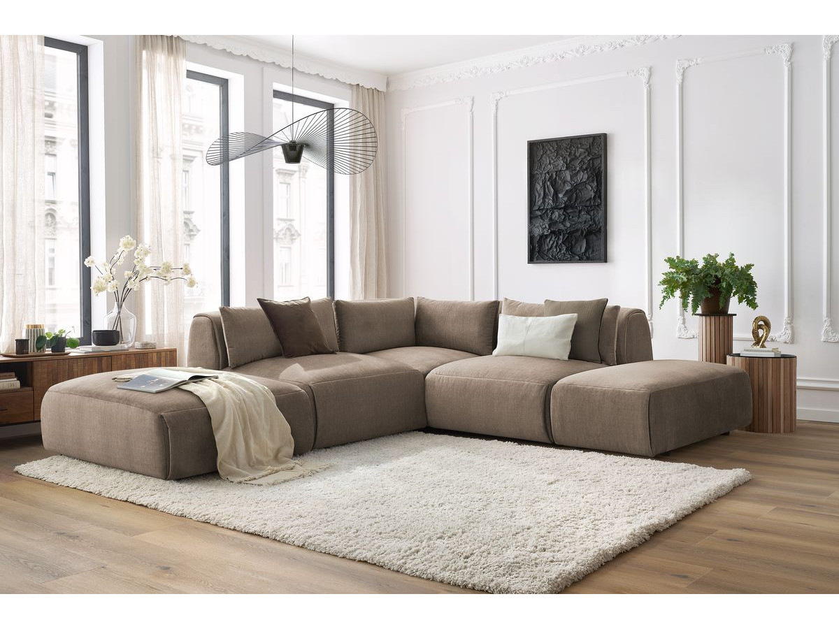 Canapé d'angle fixe modulable JEANNE tissu velours avec 2 chauffeuses, 1 angle et 2 poufs