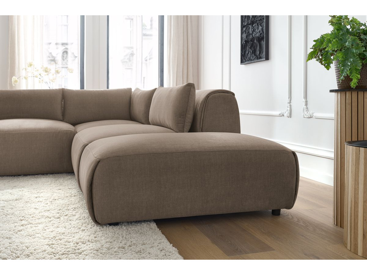 Canapé d'angle fixe modulable JEANNE tissu velours avec 2 chauffeuses, 1 angle et 2 poufs