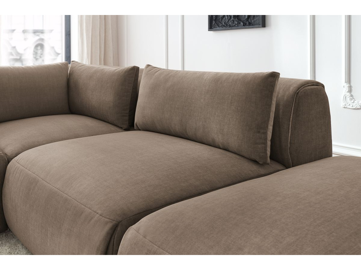 Canapé d'angle fixe modulable JEANNE tissu velours avec 2 chauffeuses, 1 angle et 2 poufs