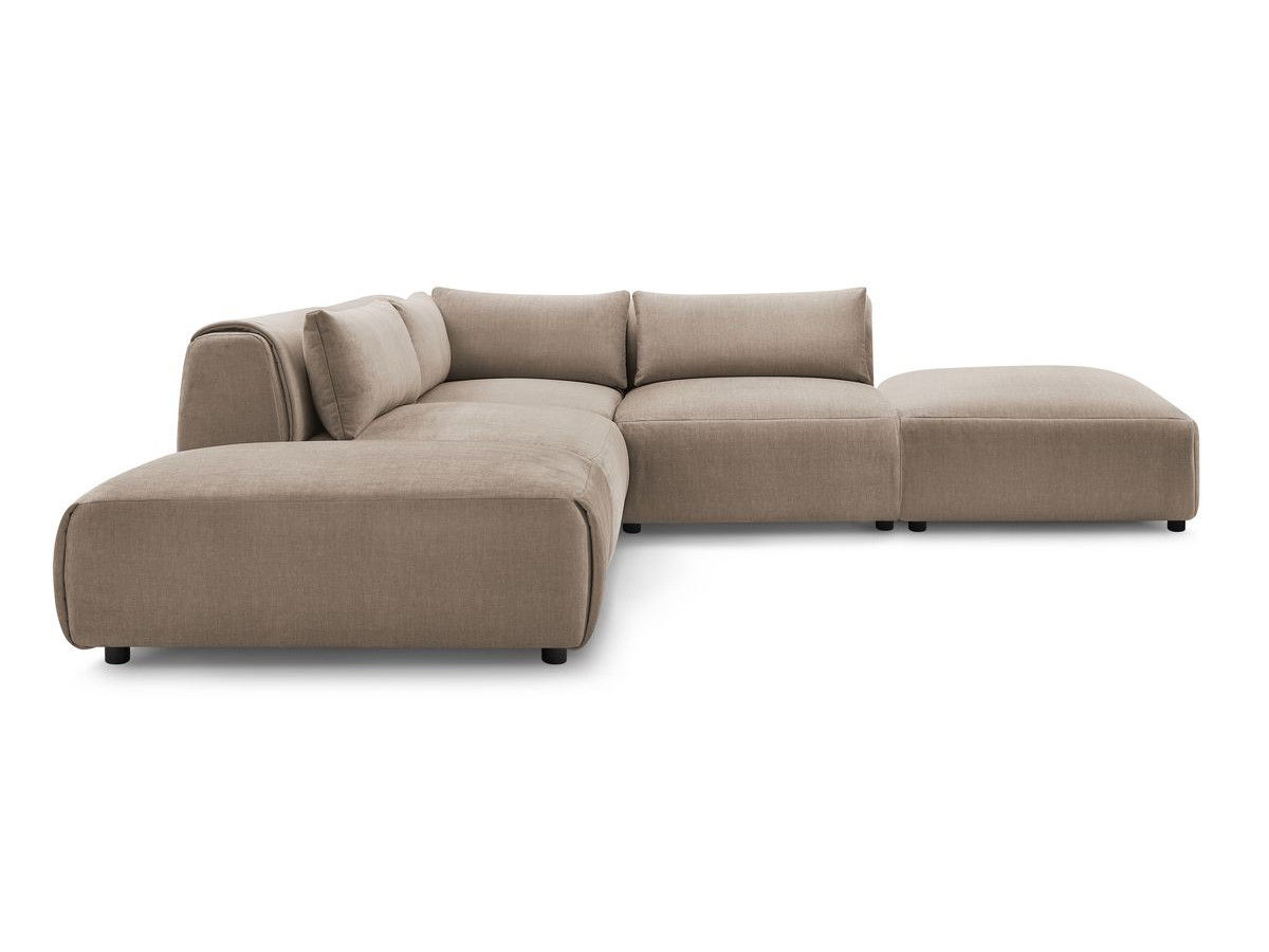Canapé d'angle fixe modulable JEANNE tissu velours avec 2 chauffeuses, 1 angle et 2 poufs