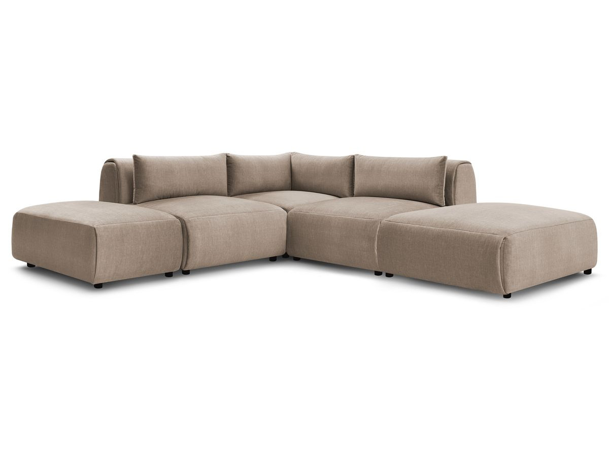 Canapé d'angle fixe modulable JEANNE tissu velours avec 2 chauffeuses, 1 angle et 2 poufs