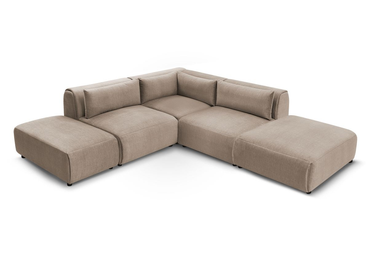 Canapé d'angle fixe modulable JEANNE tissu velours avec 2 chauffeuses, 1 angle et 2 poufs