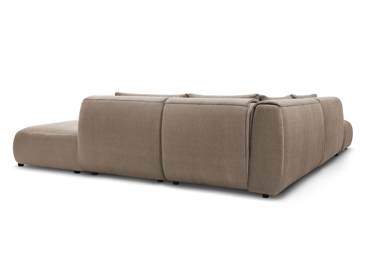 Canapé d'angle fixe modulable JEANNE tissu velours avec 2 chauffeuses, 1 angle et 2 poufs