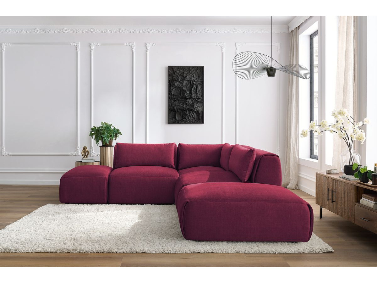 Canapé d'angle fixe modulable JEANNE tissu velours avec 2 chauffeuses, 1 angle et 2 poufs
