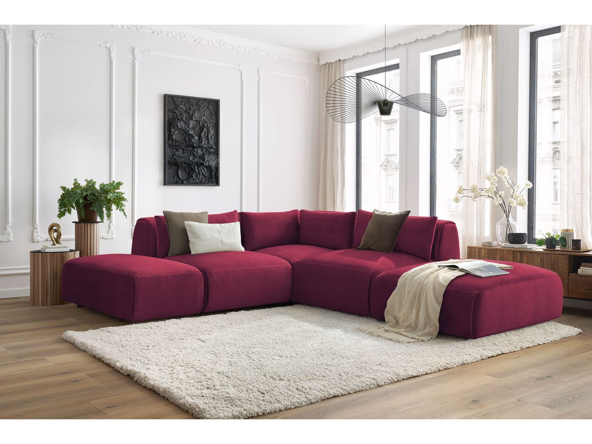 Canapé d'angle fixe modulable JEANNE tissu velours avec 2 chauffeuses, 1 angle et 2 poufs