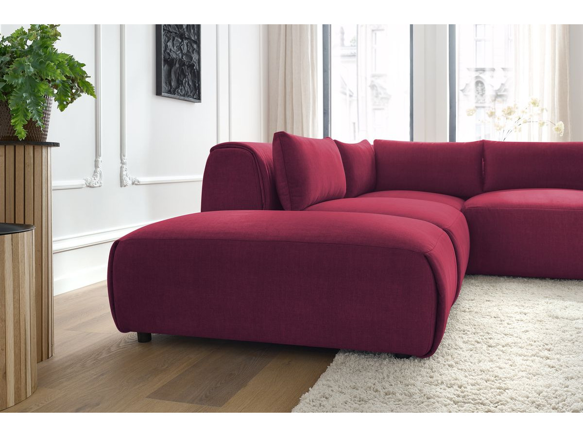 Canapé d'angle fixe modulable JEANNE tissu velours avec 2 chauffeuses, 1 angle et 2 poufs