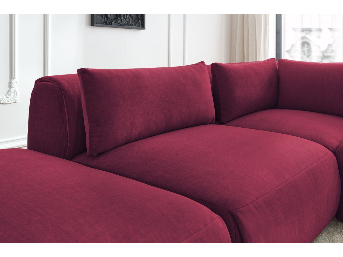 Canapé d'angle fixe modulable JEANNE tissu velours avec 2 chauffeuses, 1 angle et 2 poufs