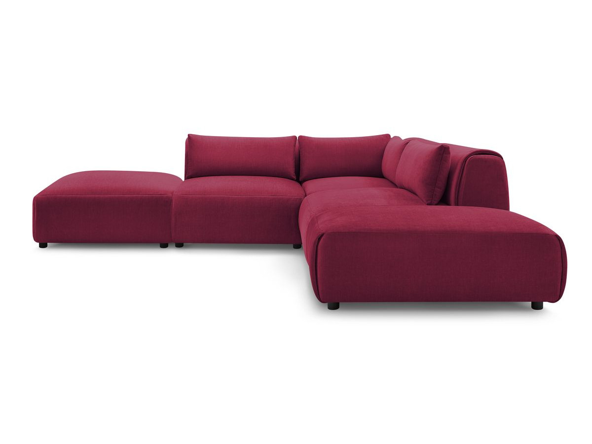Canapé d'angle fixe modulable JEANNE tissu velours avec 2 chauffeuses, 1 angle et 2 poufs