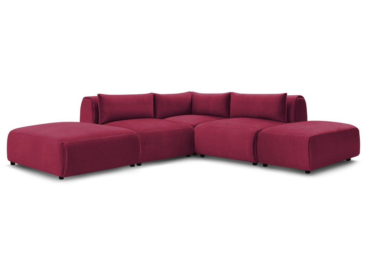 Canapé d'angle fixe modulable JEANNE tissu velours avec 2 chauffeuses, 1 angle et 2 poufs
